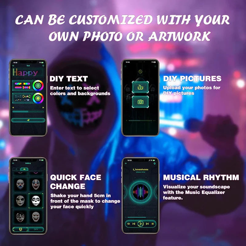 Led Mask with Bluetooth App Control Programmable Face Transforming