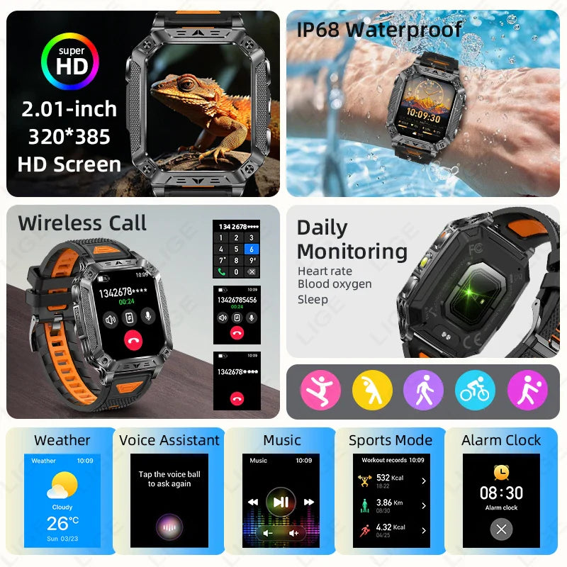 Military Smart Watch 1400mAh Battery Fitness Tracking Waterproof