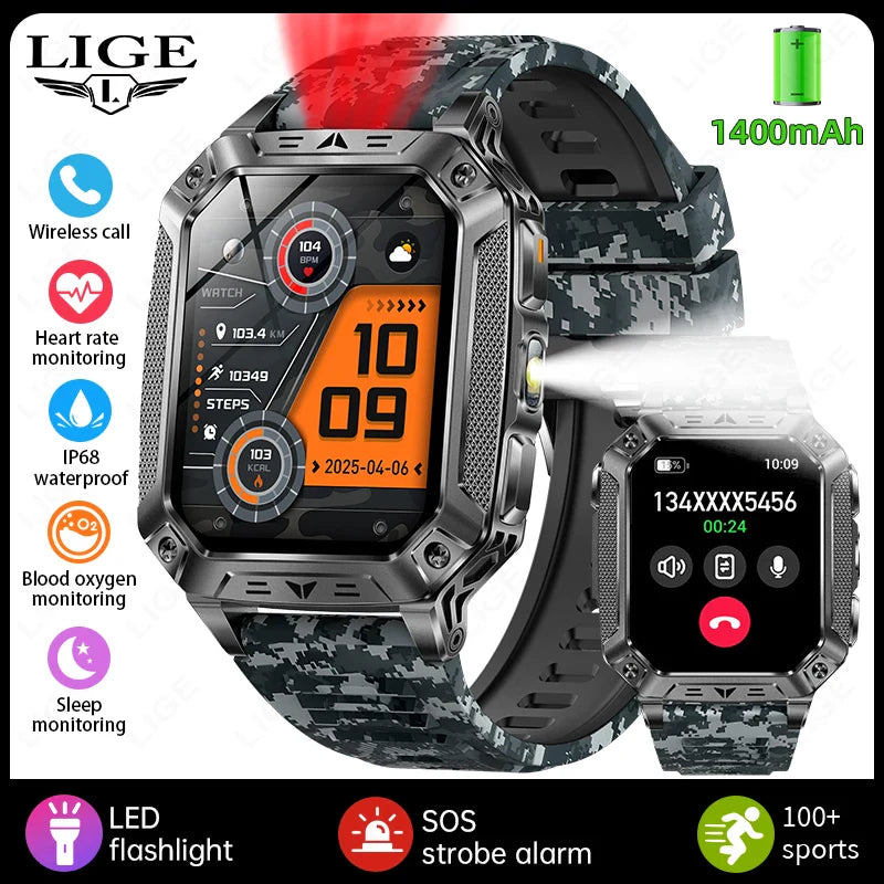 Military Smart Watch 1400mAh Battery Fitness Tracking Waterproof