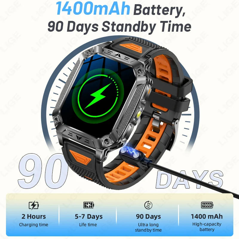 Military Smart Watch 1400mAh Battery Fitness Tracking Waterproof